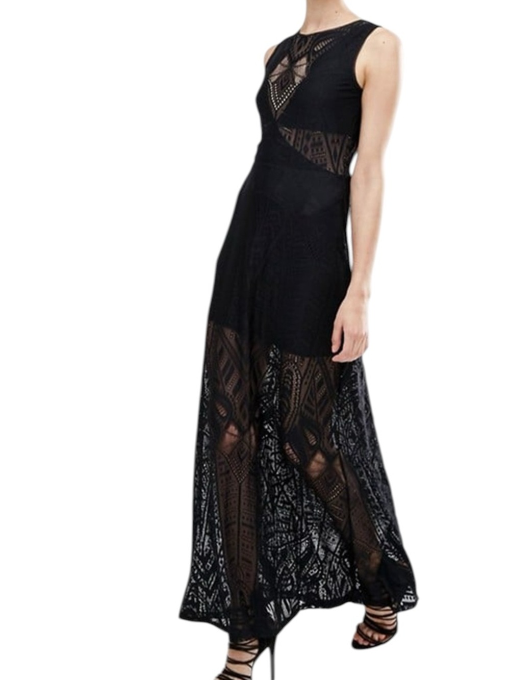 BCBGMAXAZRIA Stellah Lace Mesh Maxi Dress Black Cutout XXS Prom